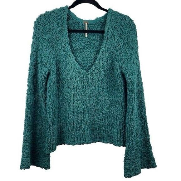 Free People Dune Bell Sleeved Green Oversized Cropped Knit V Neck Sweater S - Picture 3 of 15